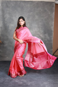 A Pink Saree adorned with a beautiful border - Thugil