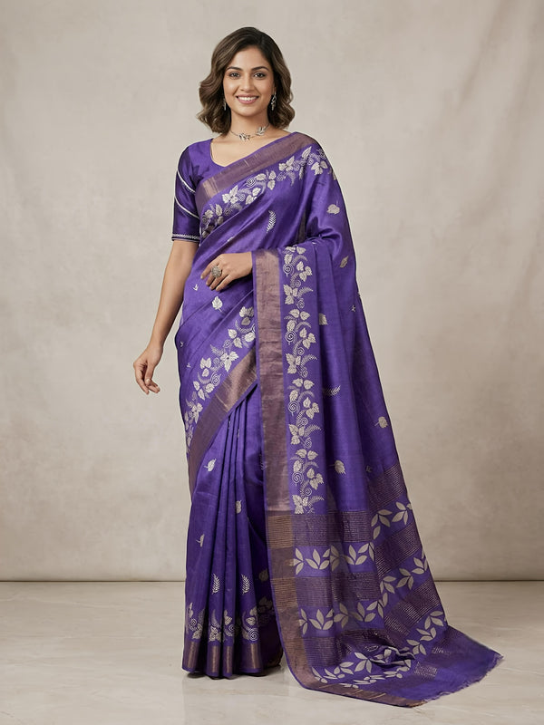 Jaazhi-Pure Tussar Silk Saree with Zari Border & Traditional Print