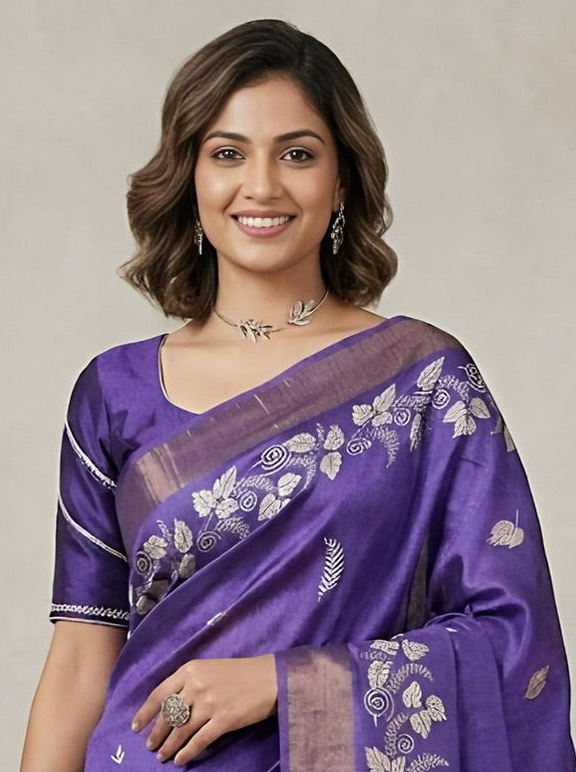 Jaazhi-Pure Tussar Silk Saree with Zari Border & Traditional Print