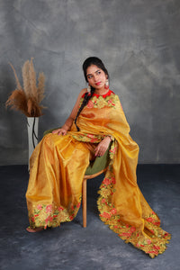Mustard Crush Tissue Saree with Embroidery - Thugil
