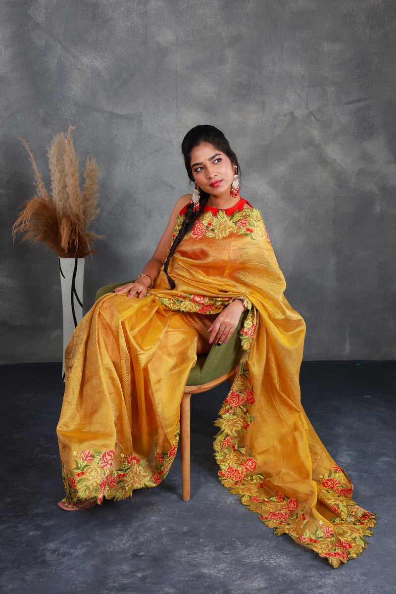 Mustard Crush Tissue Saree with Embroidery - Thugil