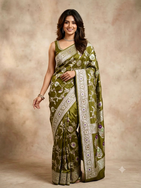 A woman modeling an olive green silk saree with intricate silver zari floral patterns and a wide decorative border, set against a textured beige studio backdrop.