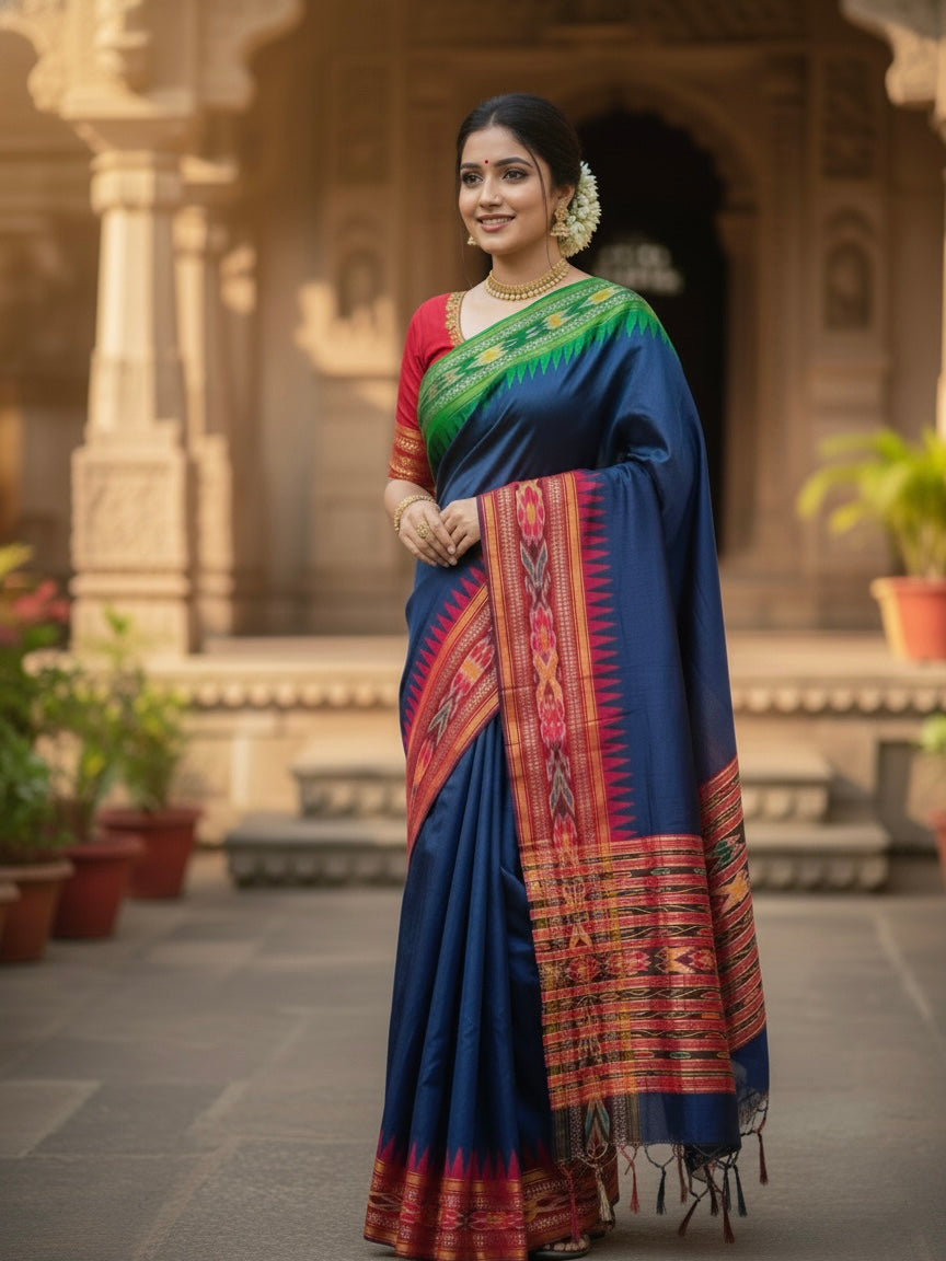 Ramya – Royal Blue Raw Silk Ikkat Temple Border Saree - Thugil