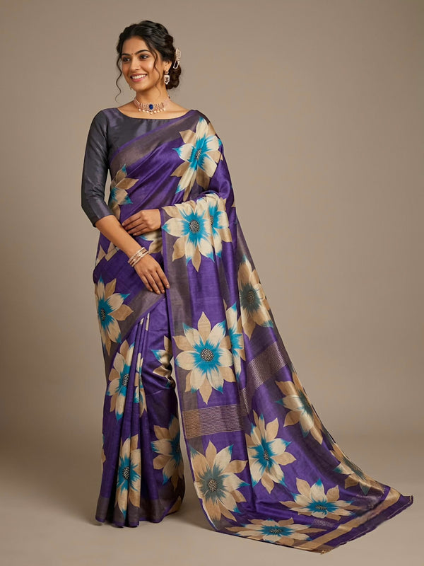 Maegni -Pure Tussar Silk Saree with Zari Border & Traditional Print
