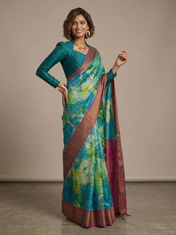 Geetanjali -Pure Tussar Silk Saree with Zari Border & Traditional Print