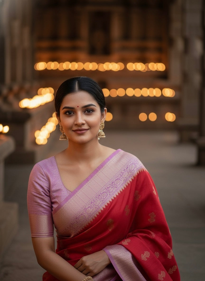 Aarohi – Red Orchid Banarasi Katan Silk Saree - Thugil