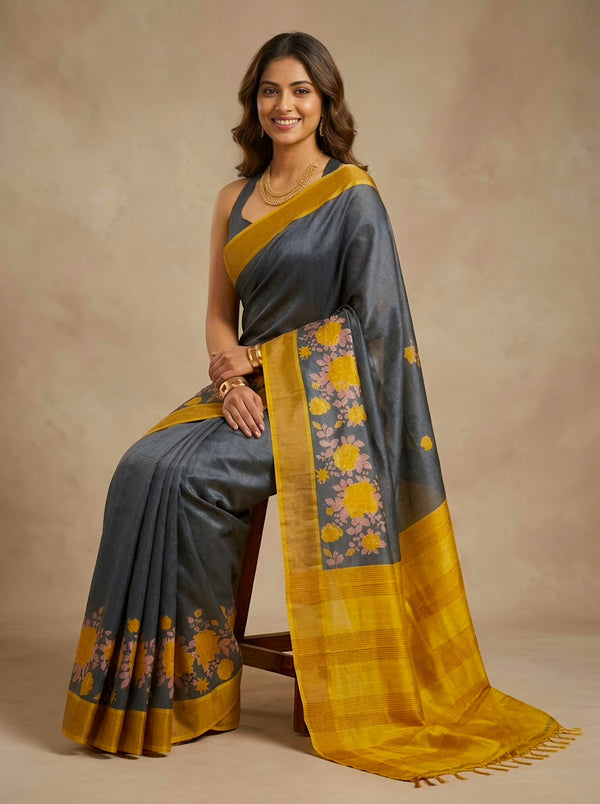 Bahana-Pure Tussar Silk Saree with Zari Border & Traditional Print