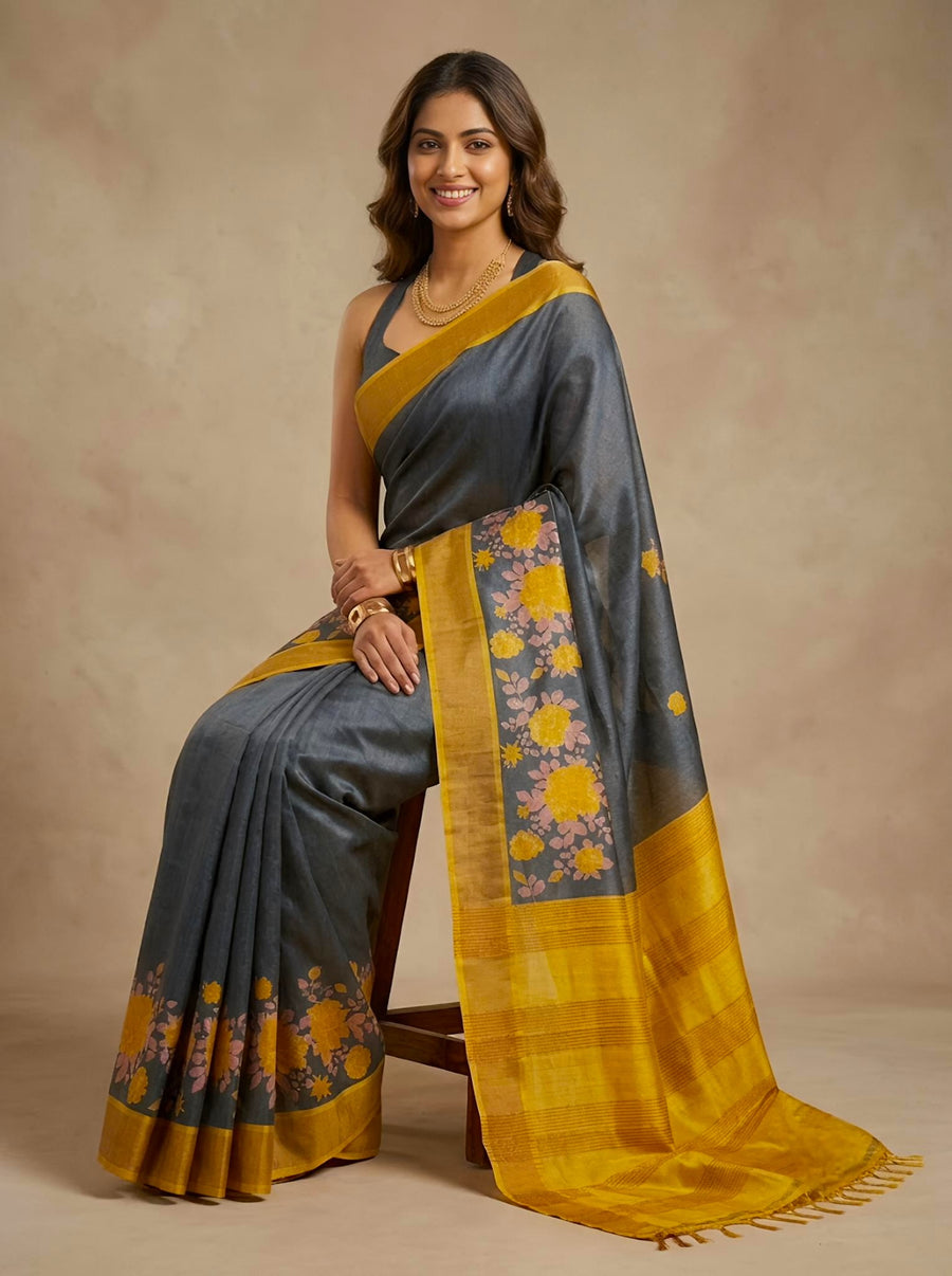 Bahana-Pure Tussar Silk Saree with Zari Border & Traditional Print
