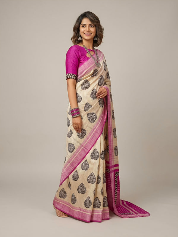 Nikia -Pure Tussar Silk Saree with Zari Border & Traditional Print