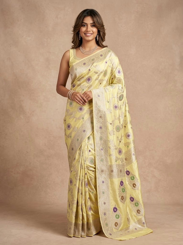 A woman modeling a light yellow saree with purple and green floral motifs and a beige border, set against a warm beige studio backdrop.