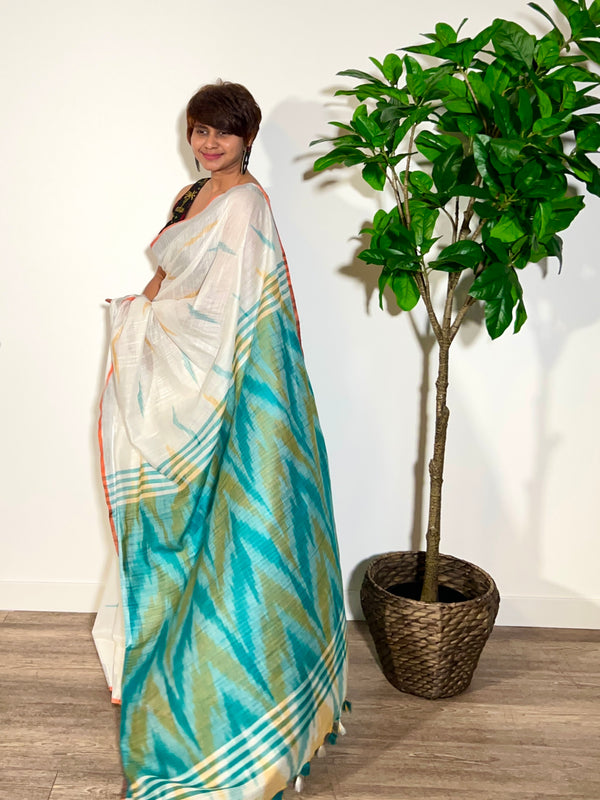 Tina's Linen Cotton Saree with Ikkat Weave - Thugil