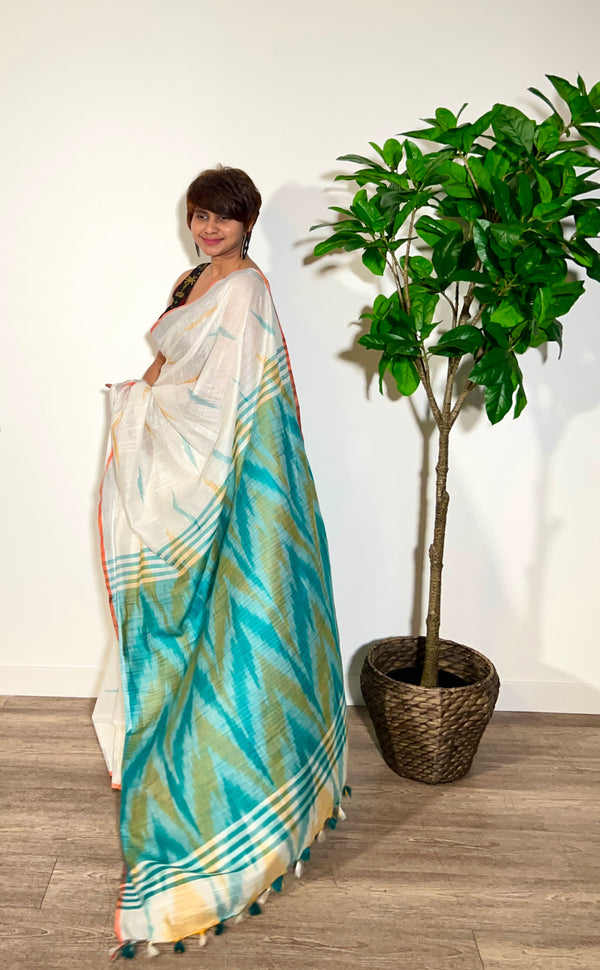Tina's Linen Cotton Saree with Ikkat Weave - Thugil