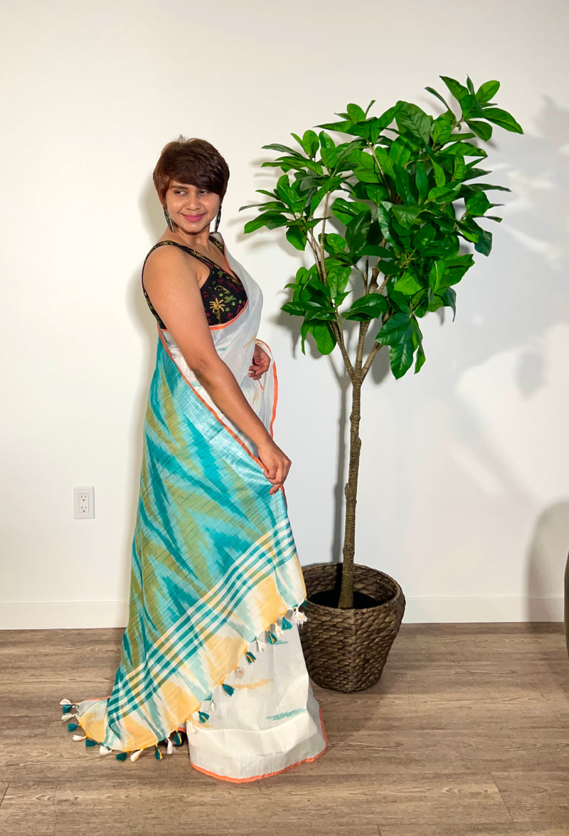 Tina's Linen Cotton Saree with Ikkat Weave - Thugil