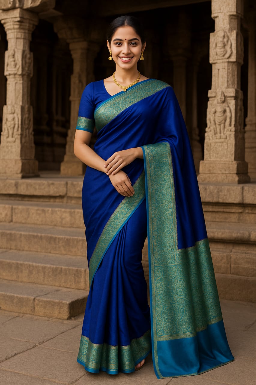 Woman wearing Semi Dupion Silk Saree with pleated drape and traditional jewelry, styled for a festive look.
