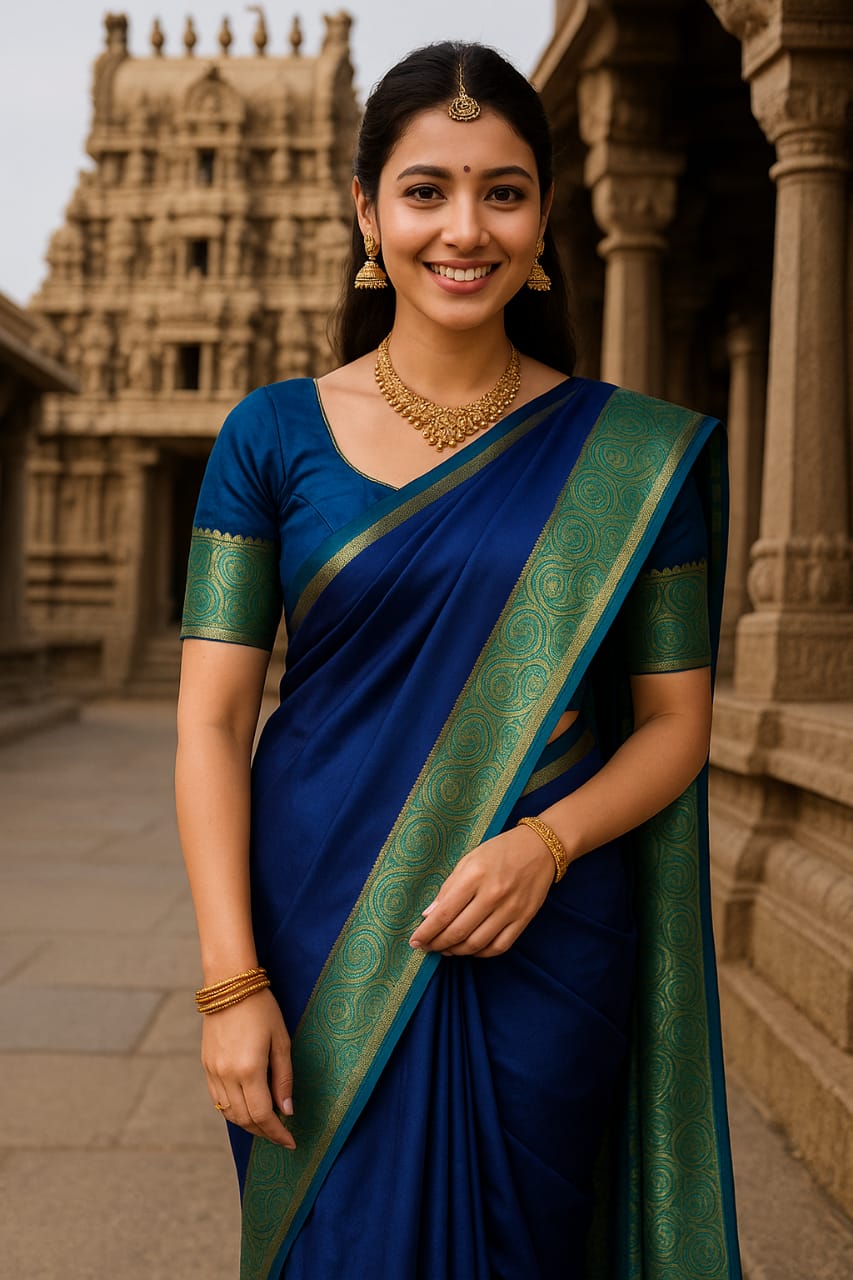Woman wearing Semi Dupion Silk Saree with pleated drape and traditional jewelry, styled for a festive look.