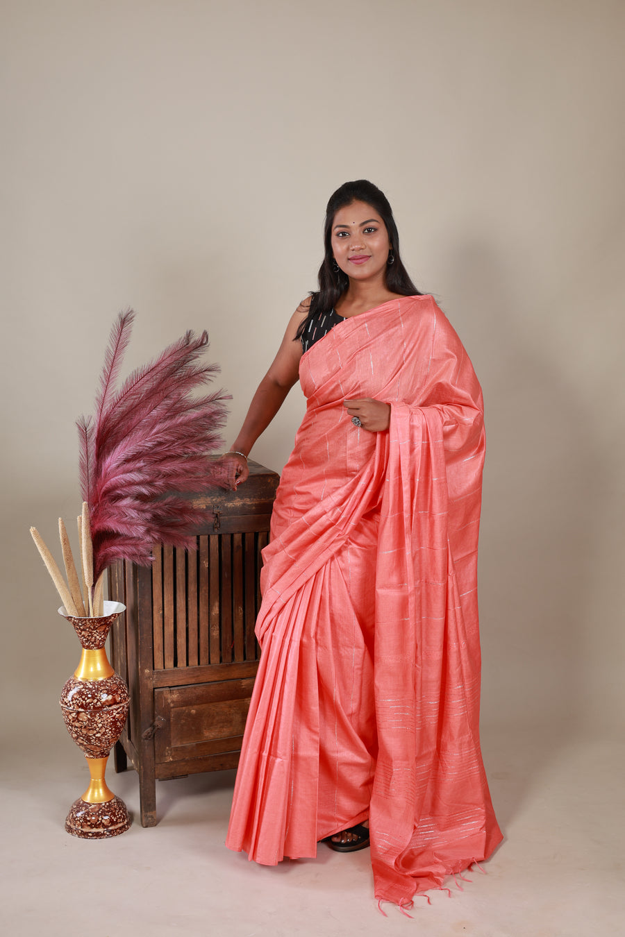 Semi Tussar Saree - Peach - Thugil