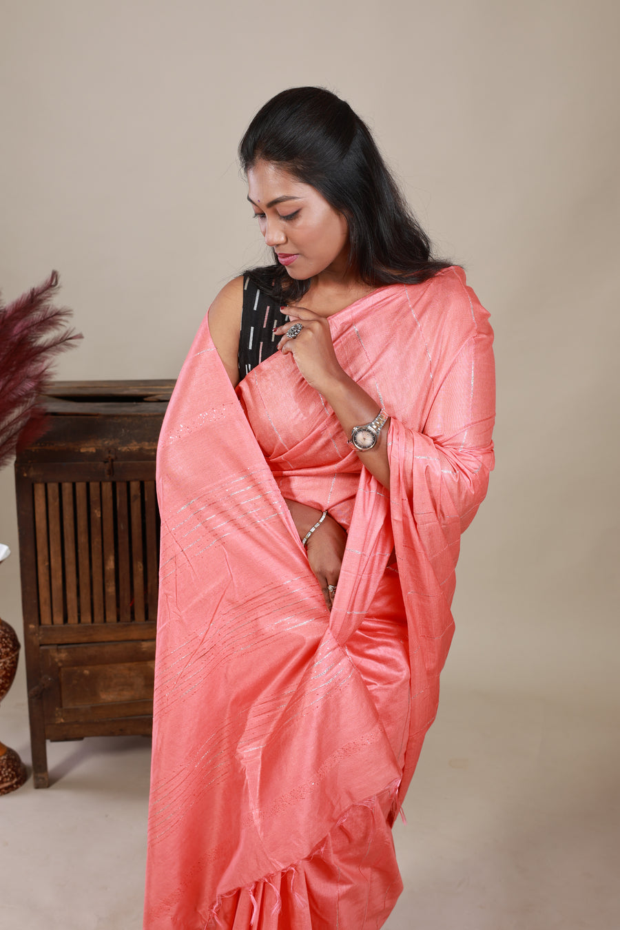 Semi Tussar Saree - Peach - Thugil