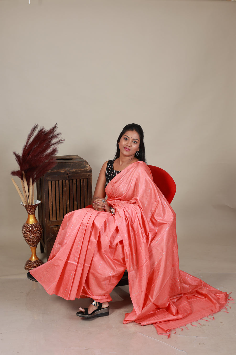 Semi Tussar Saree - Peach - Thugil