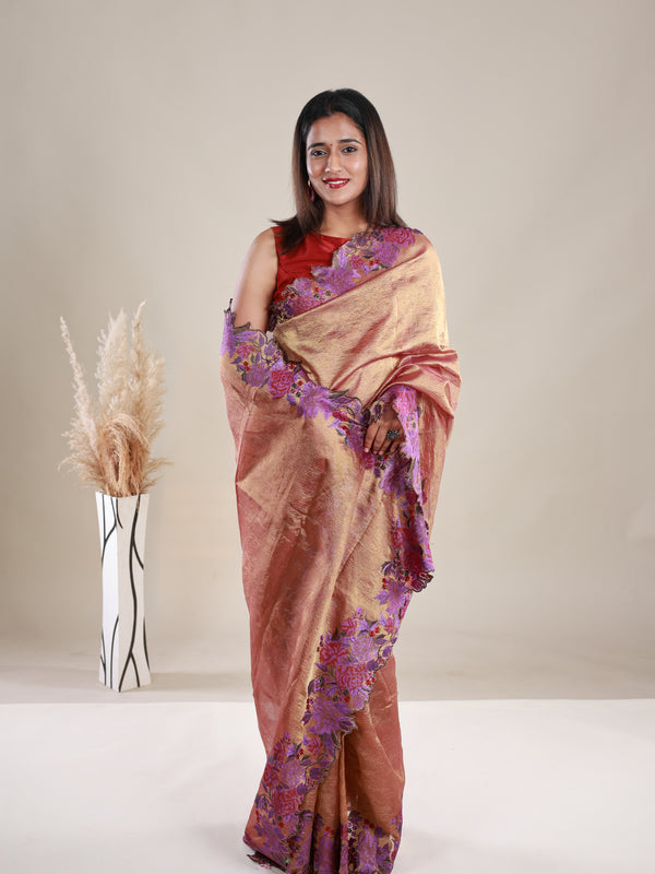 Copper Colour Crush Tissue Saree With Embroidery - Thugil