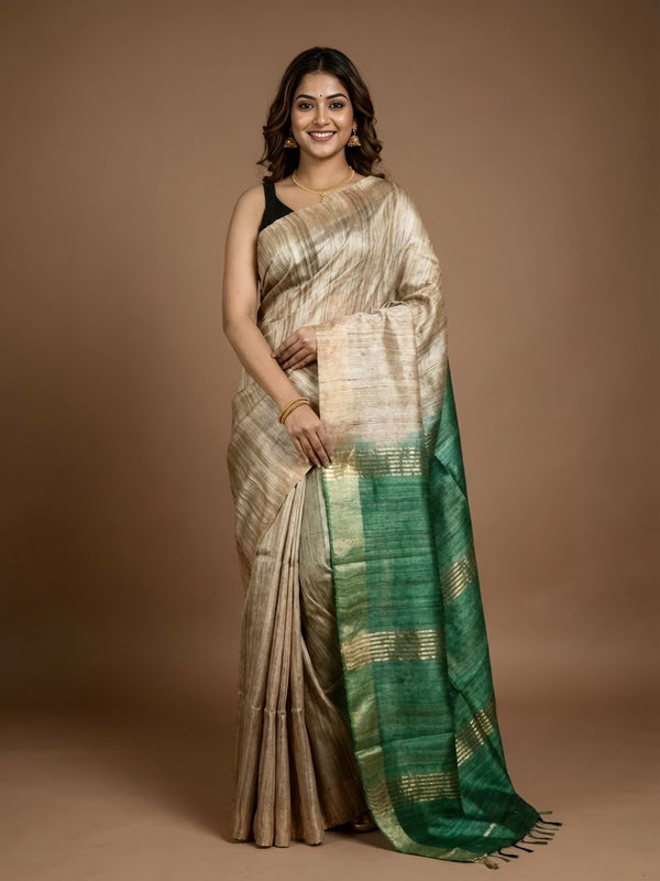 Paripoorna-Pure Plain Tussar Ghicha Silk Saree (Silkmark Certified)