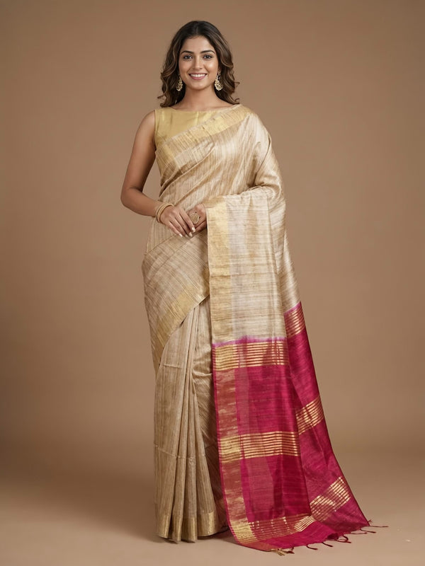 Vasundhara-Pure Plain Tussar Ghicha Silk Saree (Silkmark Certified)