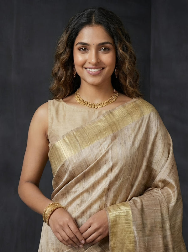 Cinderella-Pure Plain Tussar Ghicha Silk Saree (Silkmark Certified)