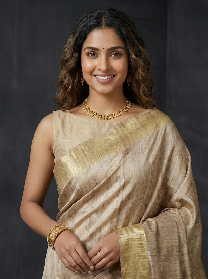 Cinderella-Pure Plain Tussar Ghicha Silk Saree (Silkmark Certified)