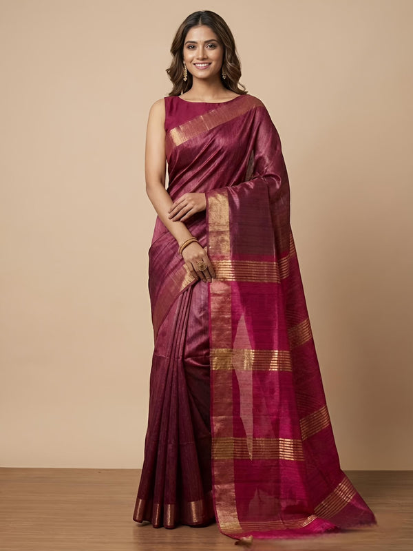 Sibisree -Pure Plain Tussar Ghicha Silk Saree (Silkmark Certified)