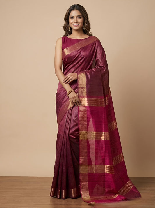 Sibisree -Pure Plain Tussar Ghicha Silk Saree (Silkmark Certified)