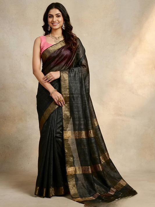 Chitrangni-Pure Plain Tussar Ghicha Silk Saree (Silkmark Certified)