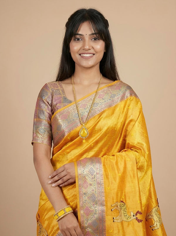 Dhatchaini-Pure Tussar Silk Jamdani Jari Buta Saree(Silkmark certified)
