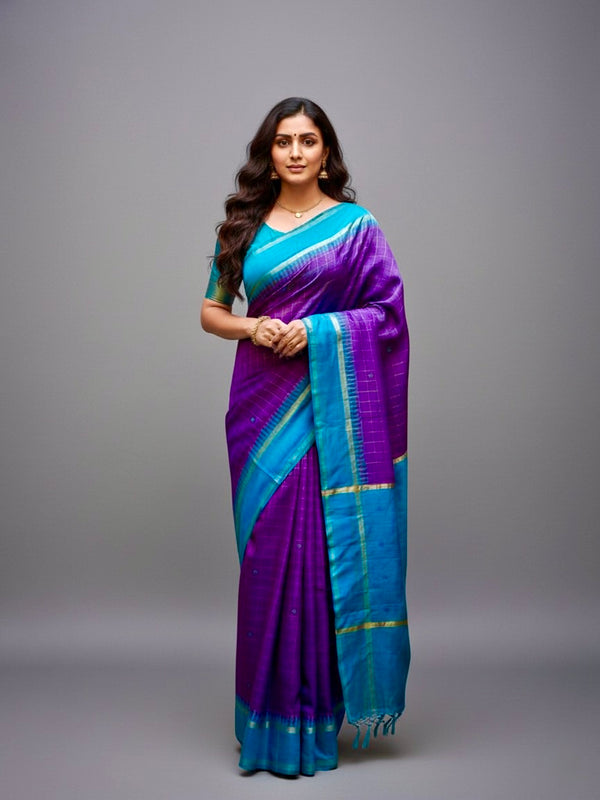 Vaidehi – Royal Purple & Aqua Raw Silk Saree - Thugil