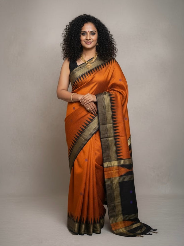 Roopa  – Handwoven Raw Silk Saree with Temple Border - Thugil
