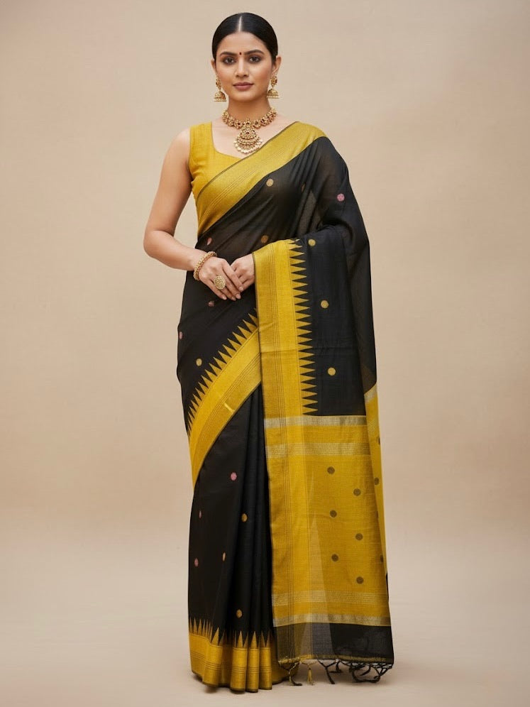 Pavithra – Black & Mustard Raw Silk Saree with Temple Border