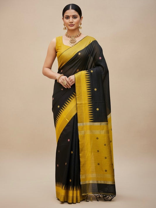 Pavithra – Black & Mustard Raw Silk Saree with Temple Border