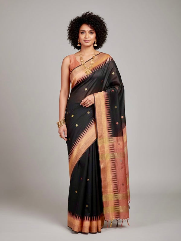 Rekha – Handwoven Raw Silk Saree with Temple Border - Thugil