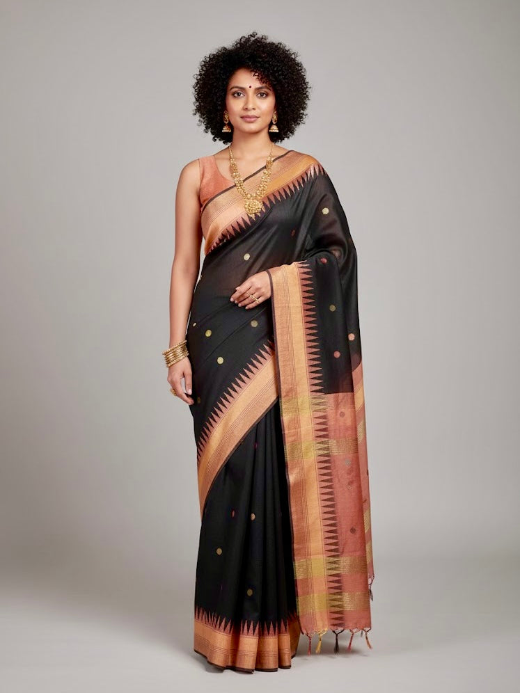 Rekha – Handwoven Raw Silk Saree with Temple Border - Thugil