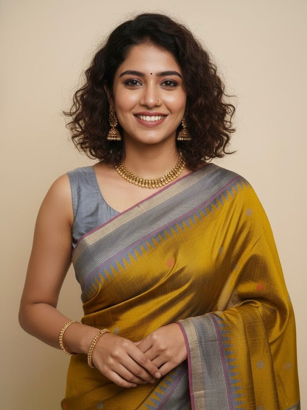 Mithra – Mustard Raw Silk Saree with Grey Temple Border - Thugil
