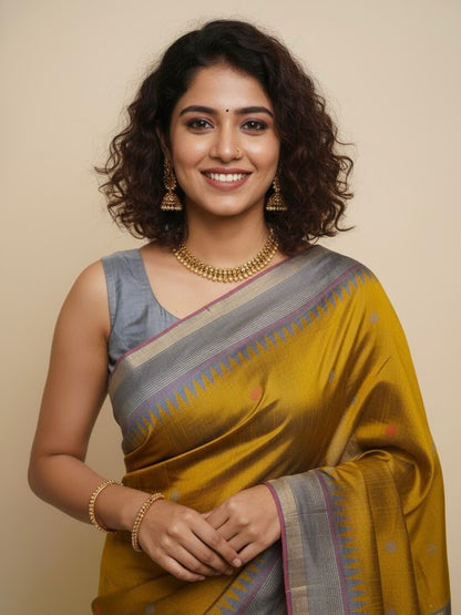 Mithra – Mustard Raw Silk Saree with Grey Temple Border