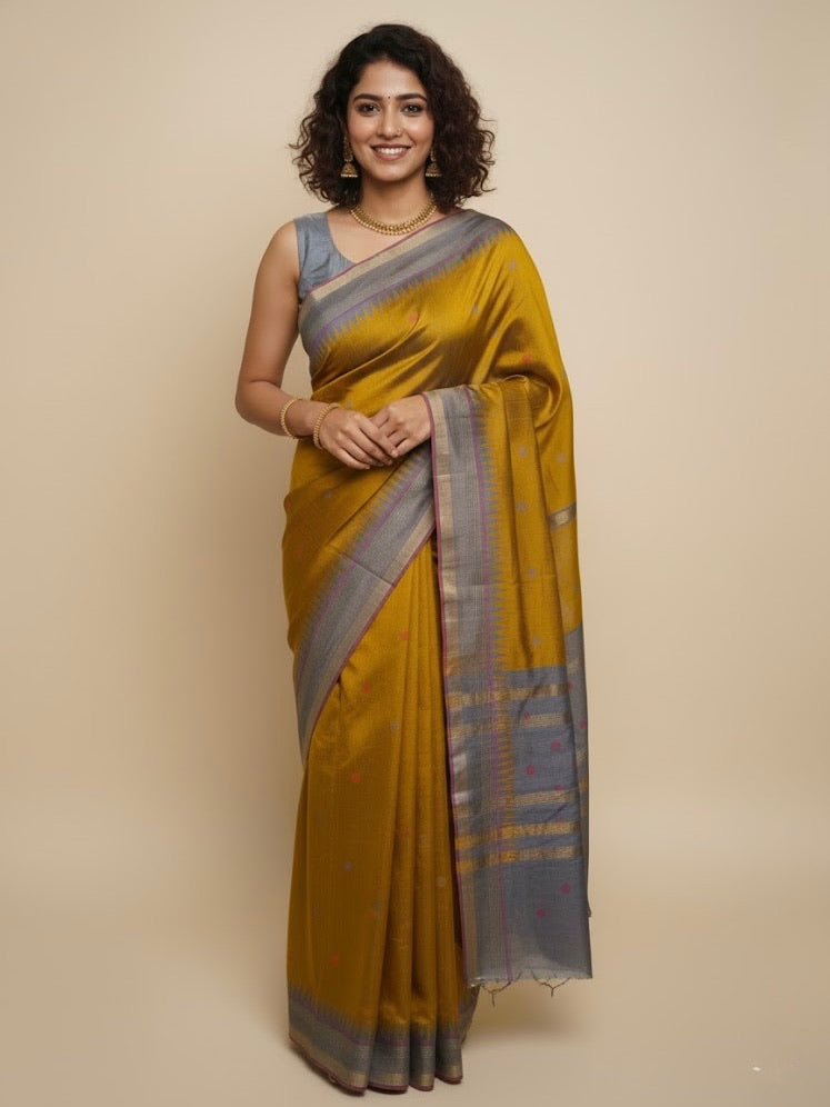 Mithra – Mustard Raw Silk Saree with Grey Temple Border