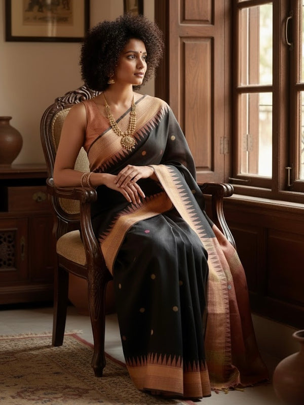 Rekha – Handwoven Raw Silk Saree with Temple Border - Thugil