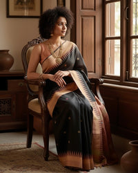 Rekha – Handwoven Raw Silk Saree with Temple Border - Thugil
