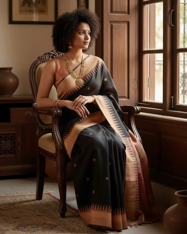 Rekha – Handwoven Raw Silk Saree with Temple Border - Thugil