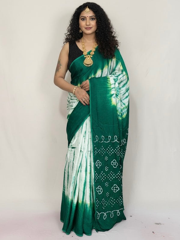 Malathi – Emerald Mist Modal Silk Tie & Dye Saree - Thugil
