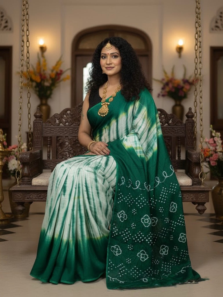 Malathi – Emerald Mist Modal Silk Tie & Dye Saree - Thugil