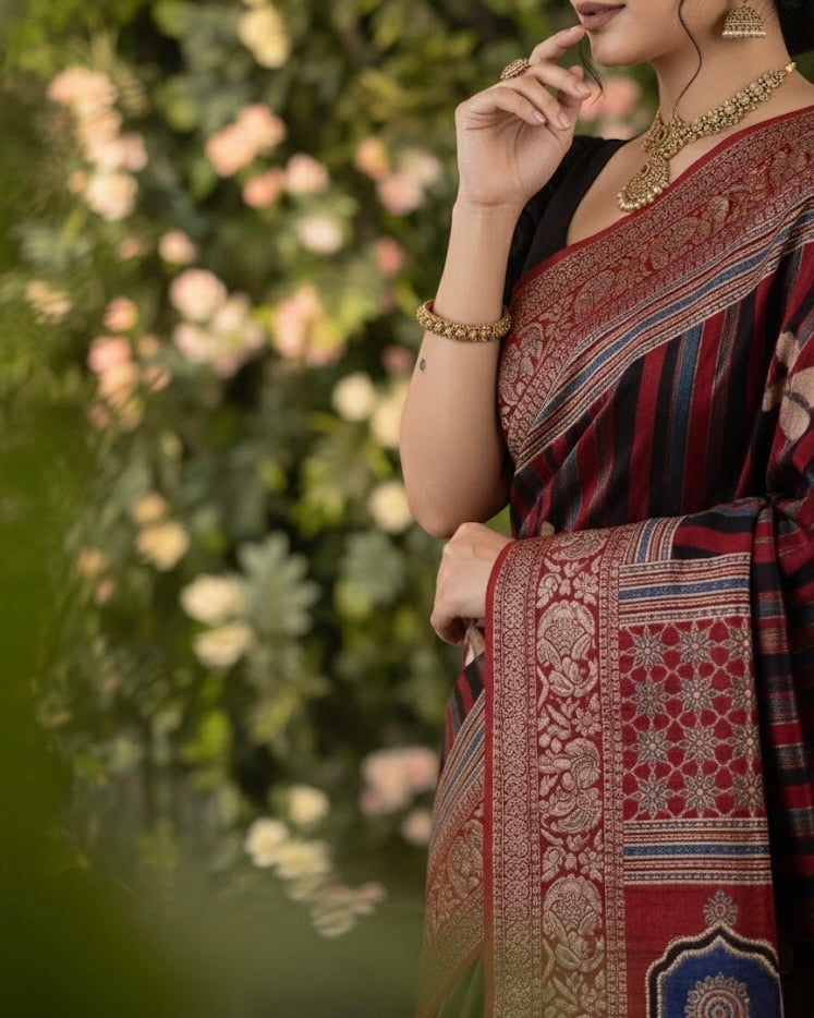 Indhra – Dola Modal Silk Ajrakh Elegance Saree - Thugil