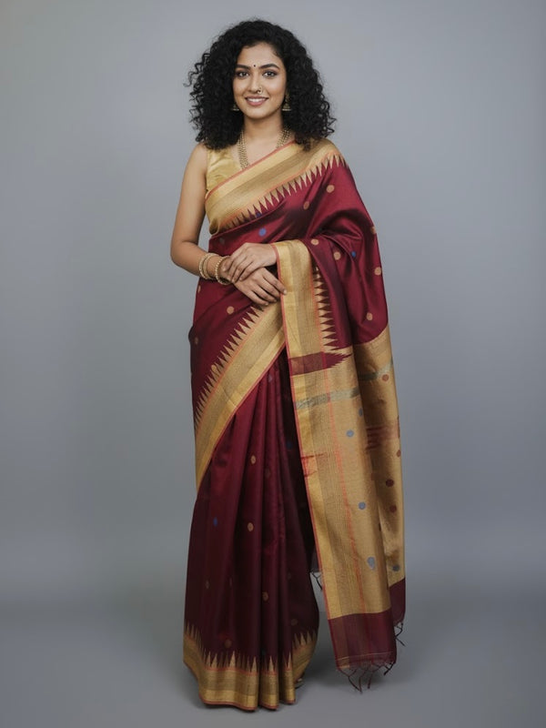 Anjali – Maroon Raw Silk Saree with Temple Border - Thugil