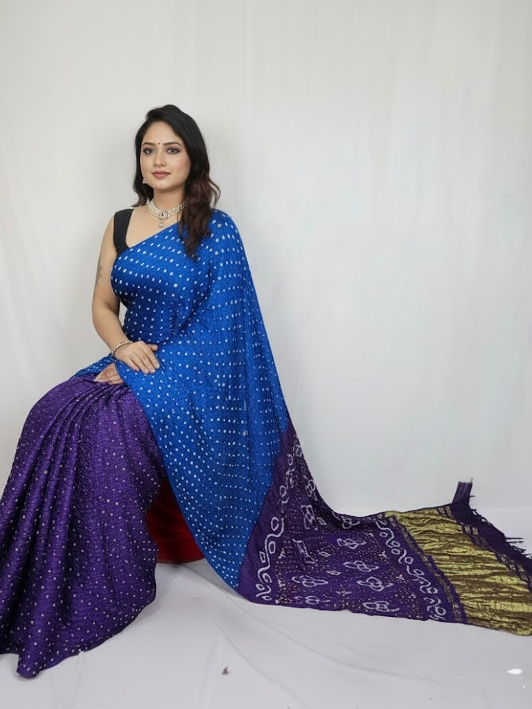 Archana – Pure Modal Silk Double Color Bandhani Saree with Tissue Pallu - Thugil