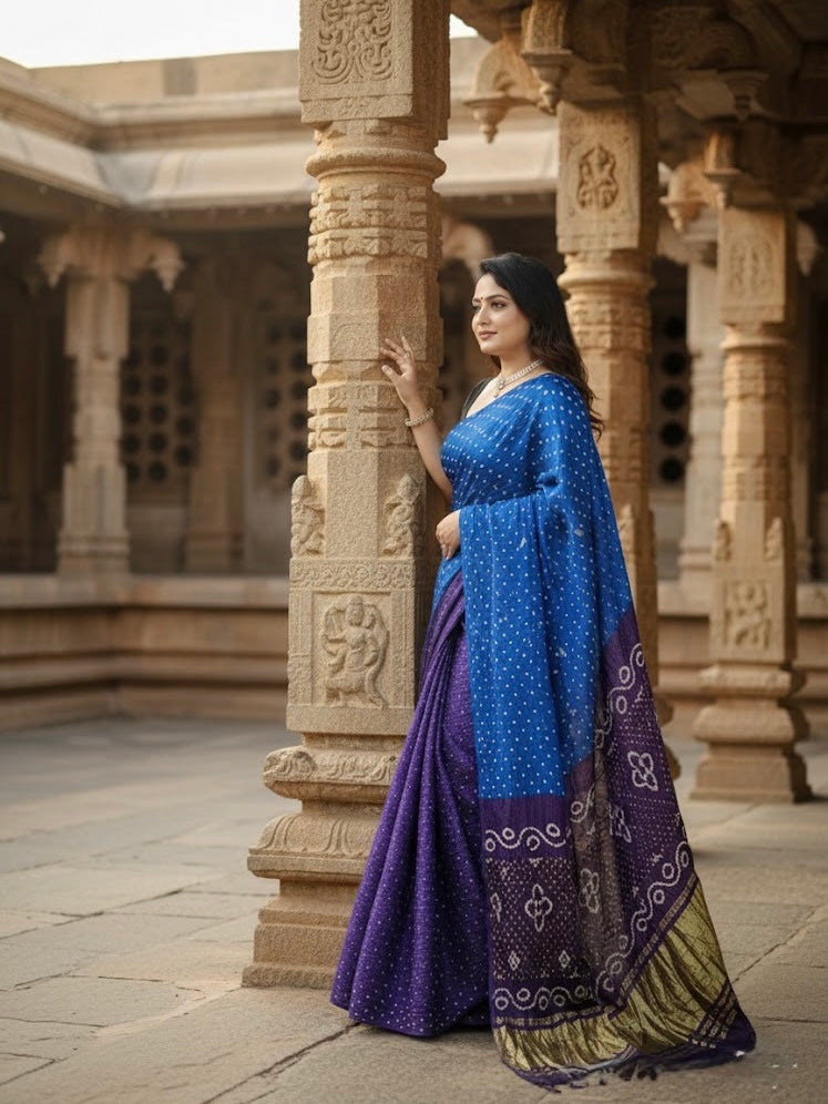 Archana – Pure Modal Silk Double Color Bandhani Saree with Tissue Pallu - Thugil