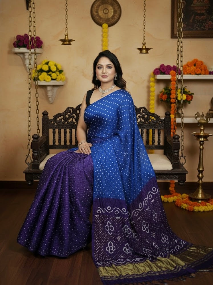 Archana – Pure Modal Silk Double Color Bandhani Saree with Tissue Pallu - Thugil